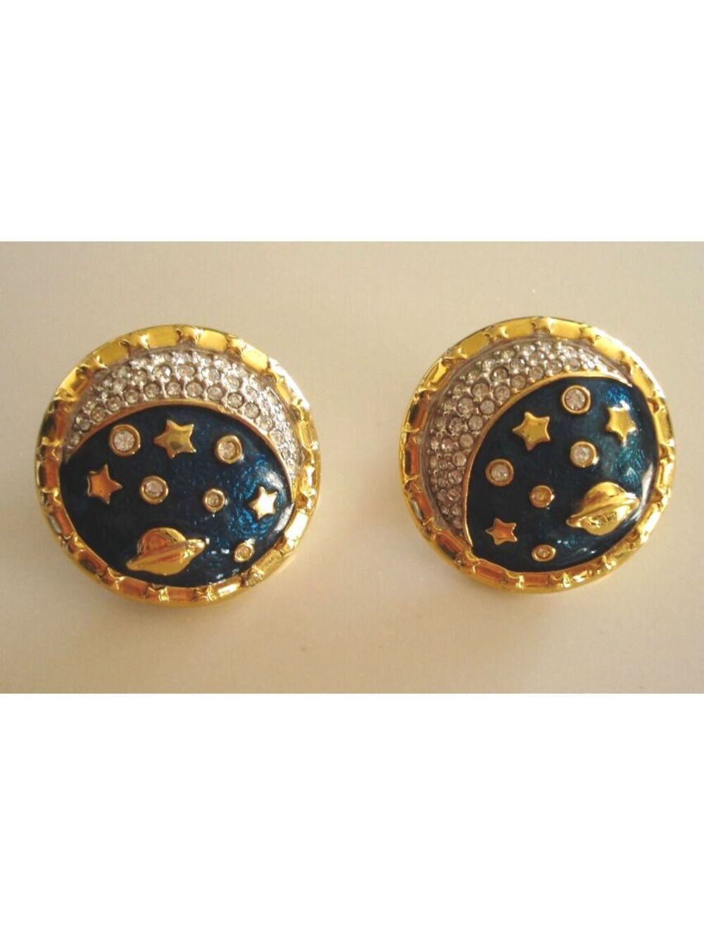 Vintage Swarovski Gold Tone & Blue Celestial Moon & Stars Clip On Earrings